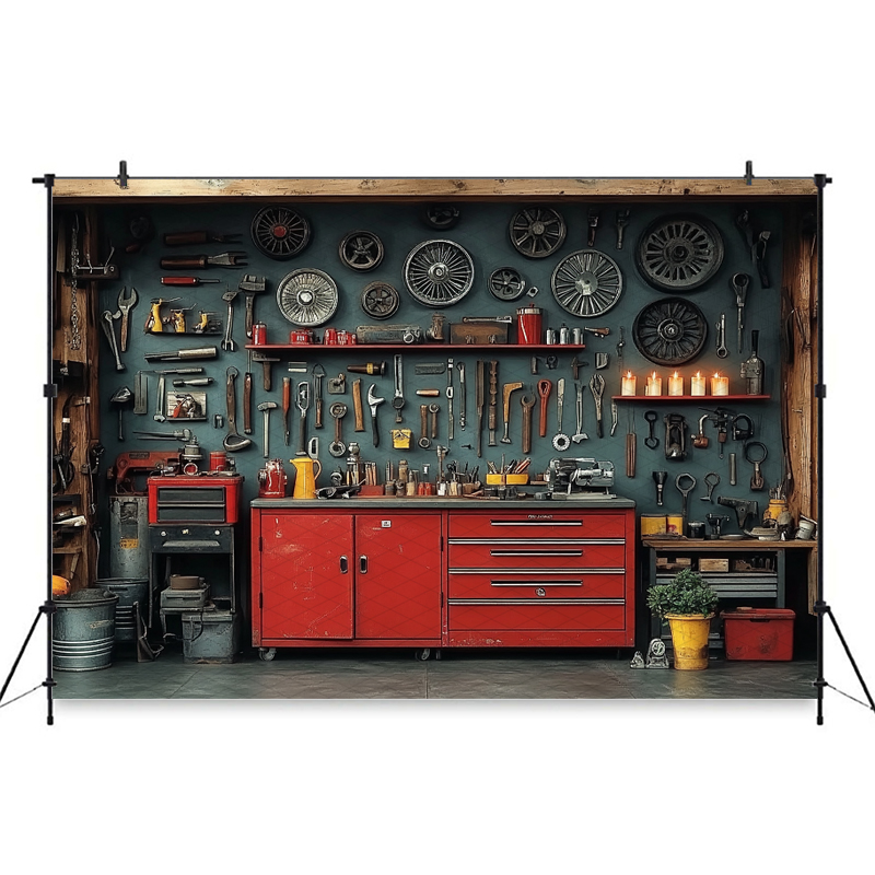Mocsicka Red Classic Car Garag - Workshop Tools Background 评论和价格
