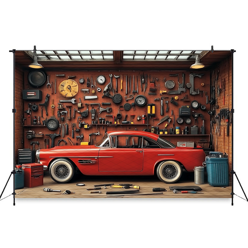 Mocsicka Red Classic Car Garag - Workshop Tools Background 评论和价格