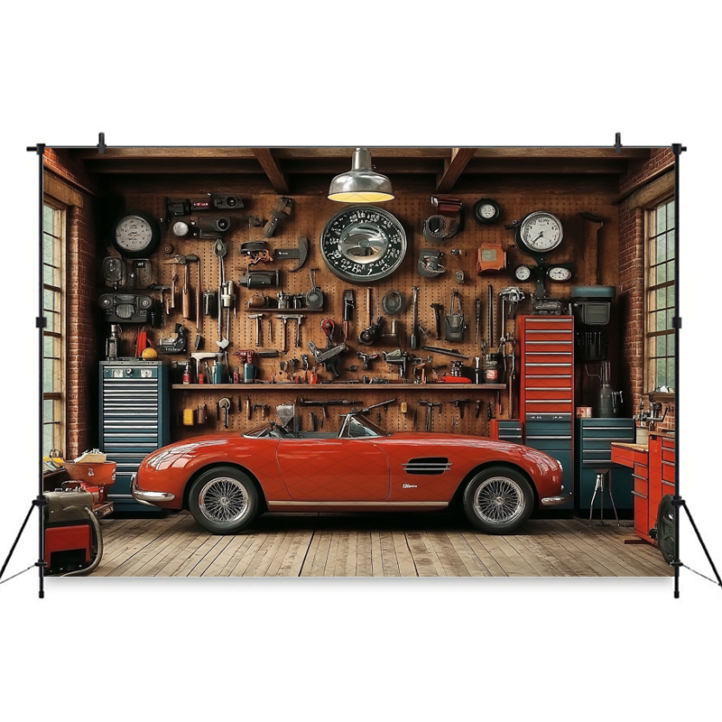 Mocsicka Red Classic Car Garag - Workshop Tools Background 评论和价格